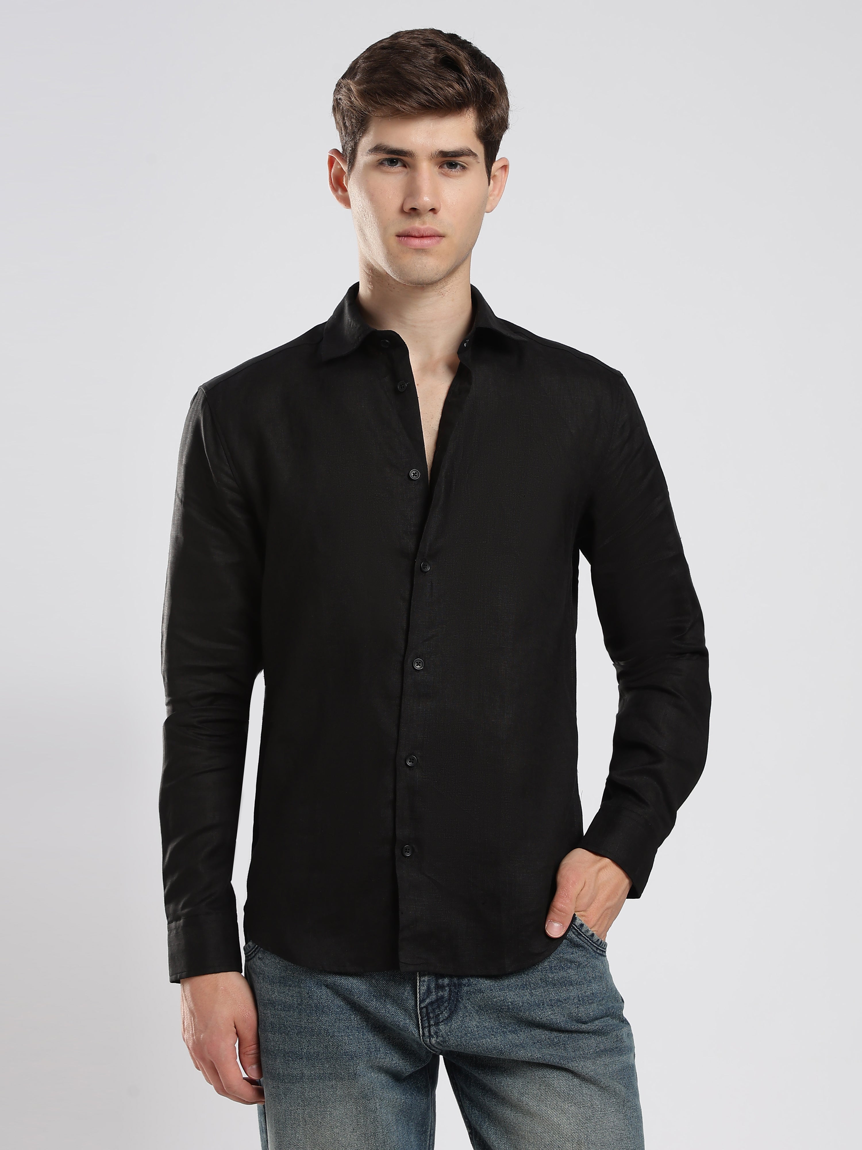 Midnight Black Linen Shirt – Signature Fit