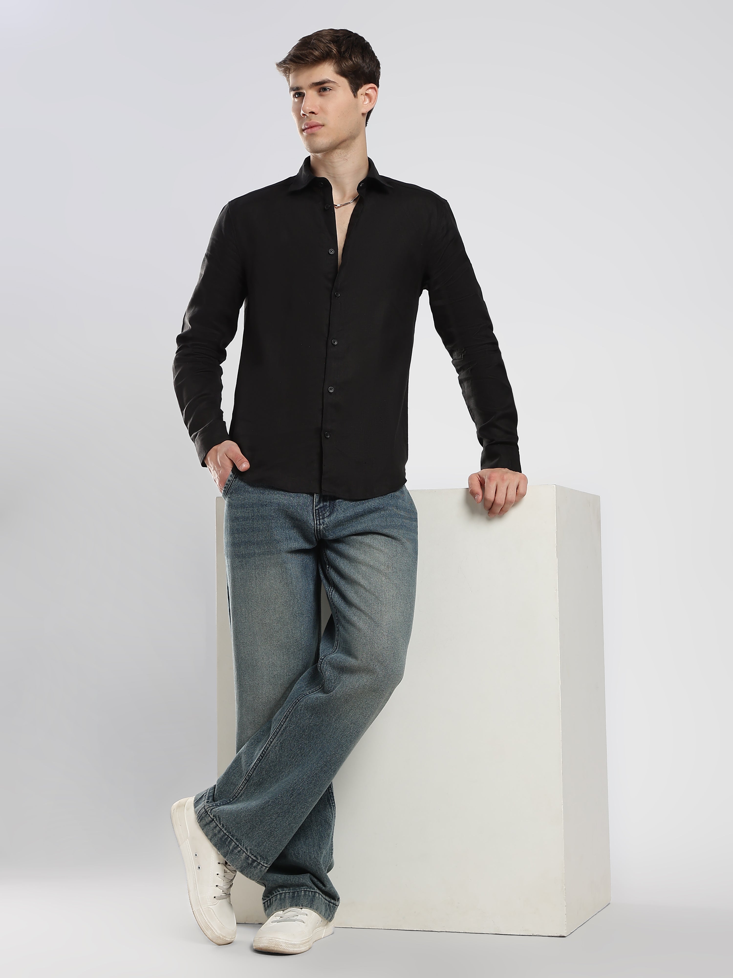 Midnight Black Linen Shirt – Signature Fit