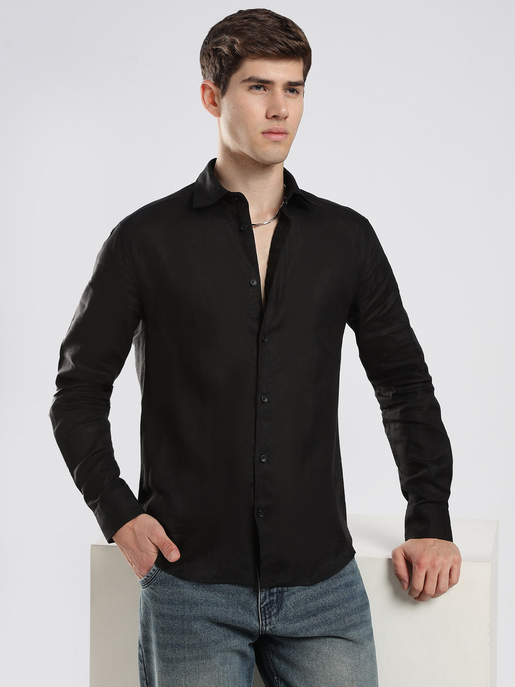 Midnight Black Linen Shirt – Signature Fit