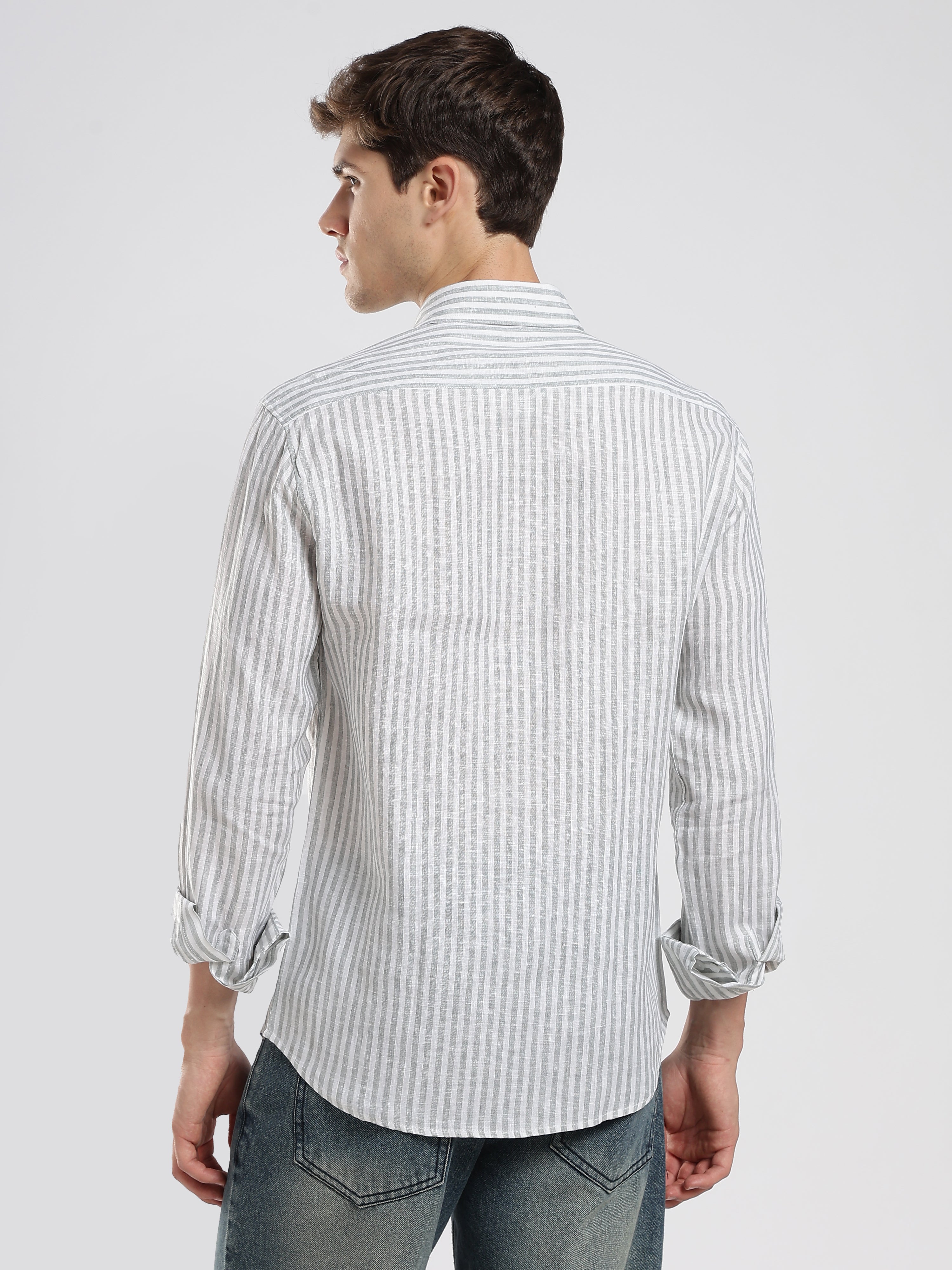 Mist Grey Striped Linen Shirt – Subtle Luxury