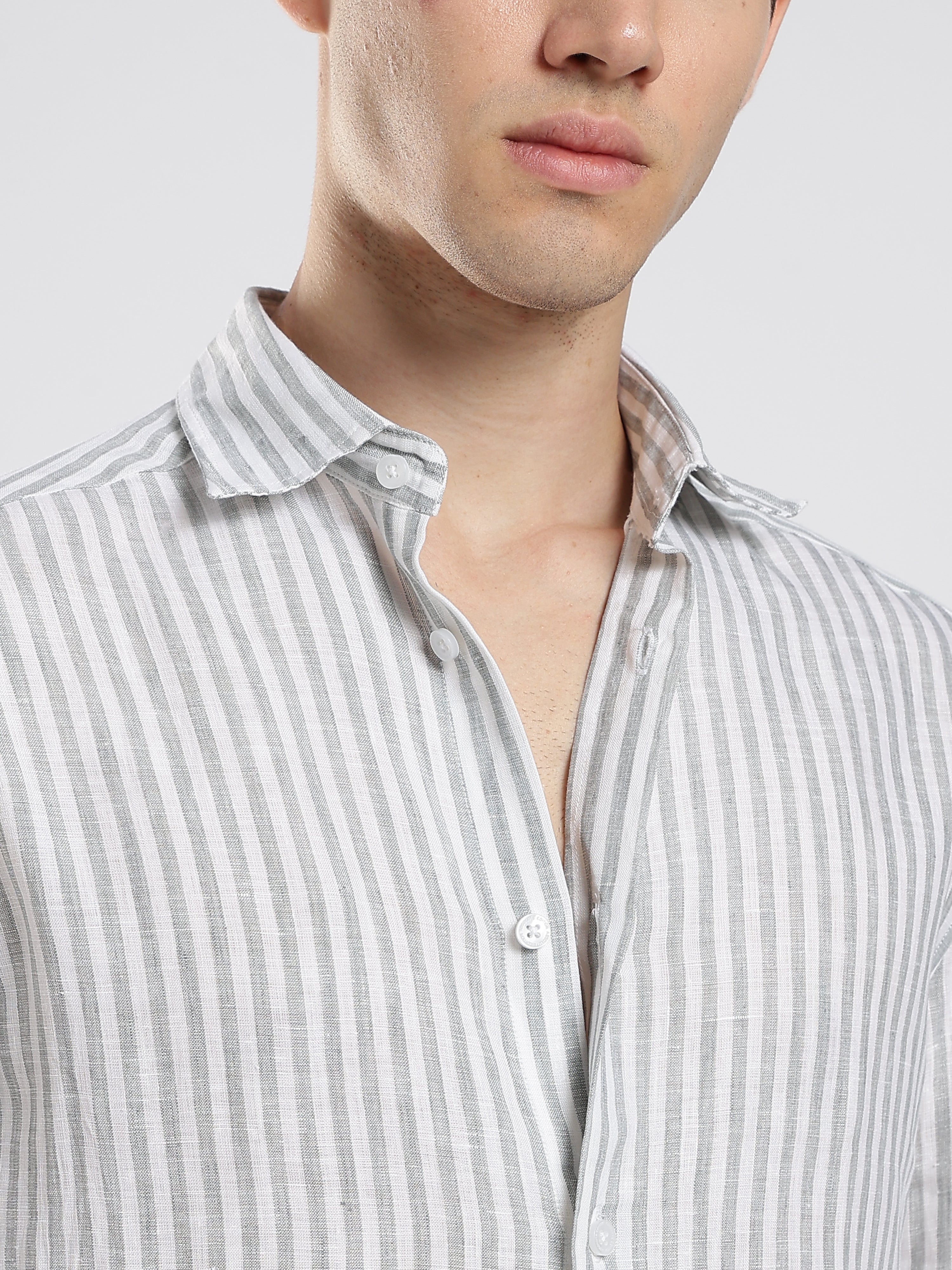 Mist Grey Striped Linen Shirt – Subtle Luxury