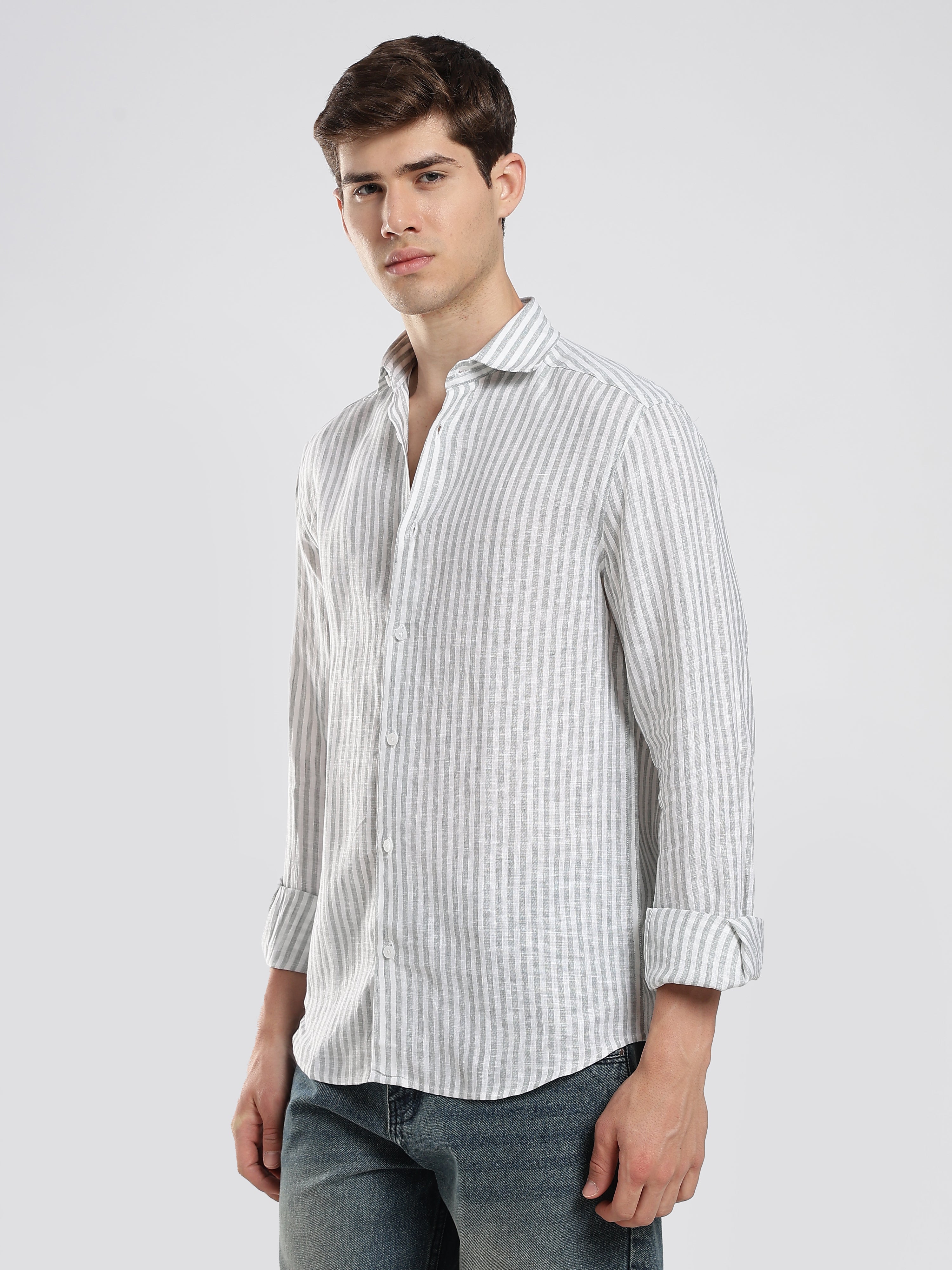 Mist Grey Striped Linen Shirt – Subtle Luxury