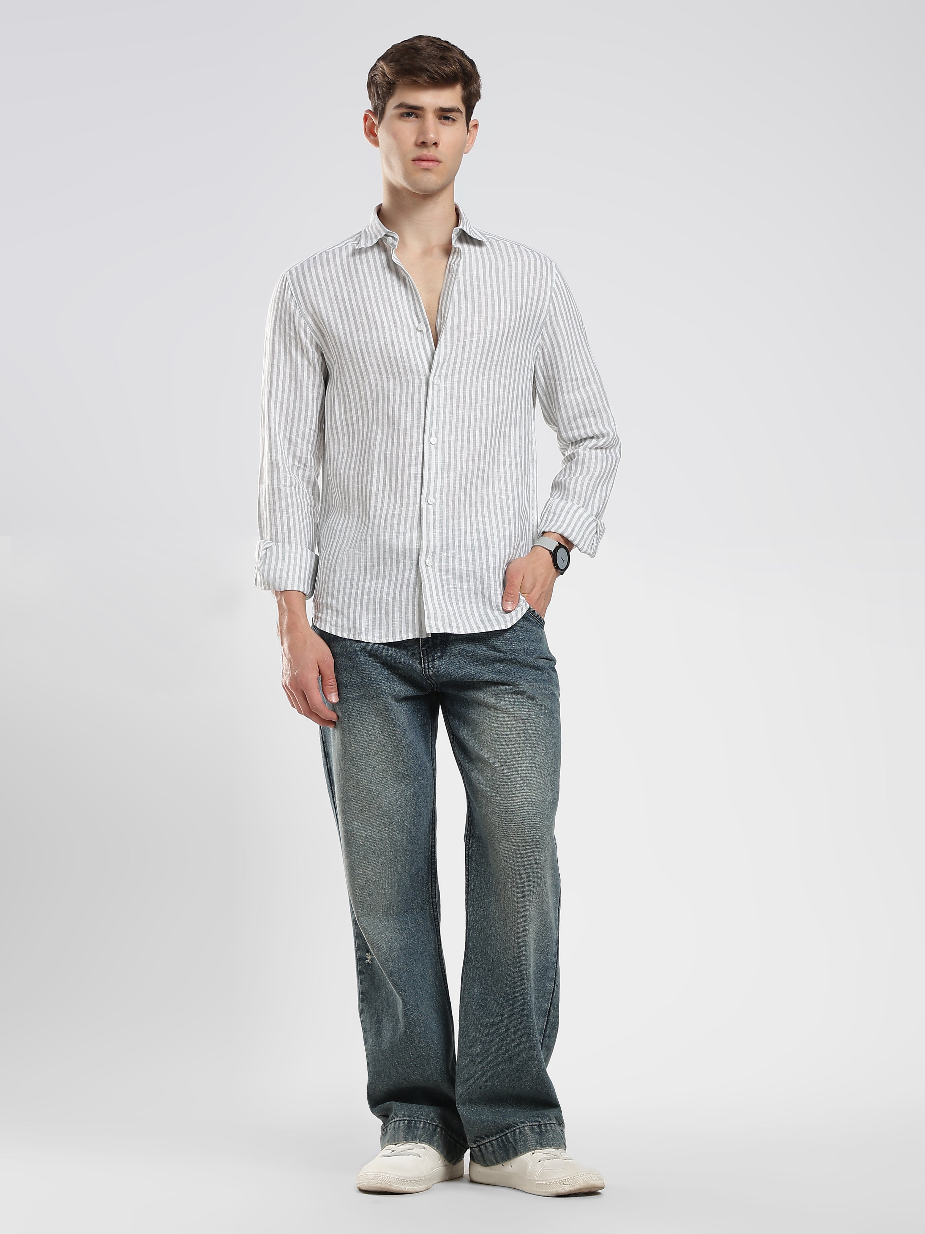 Mist Grey Striped Linen Shirt – Subtle Luxury