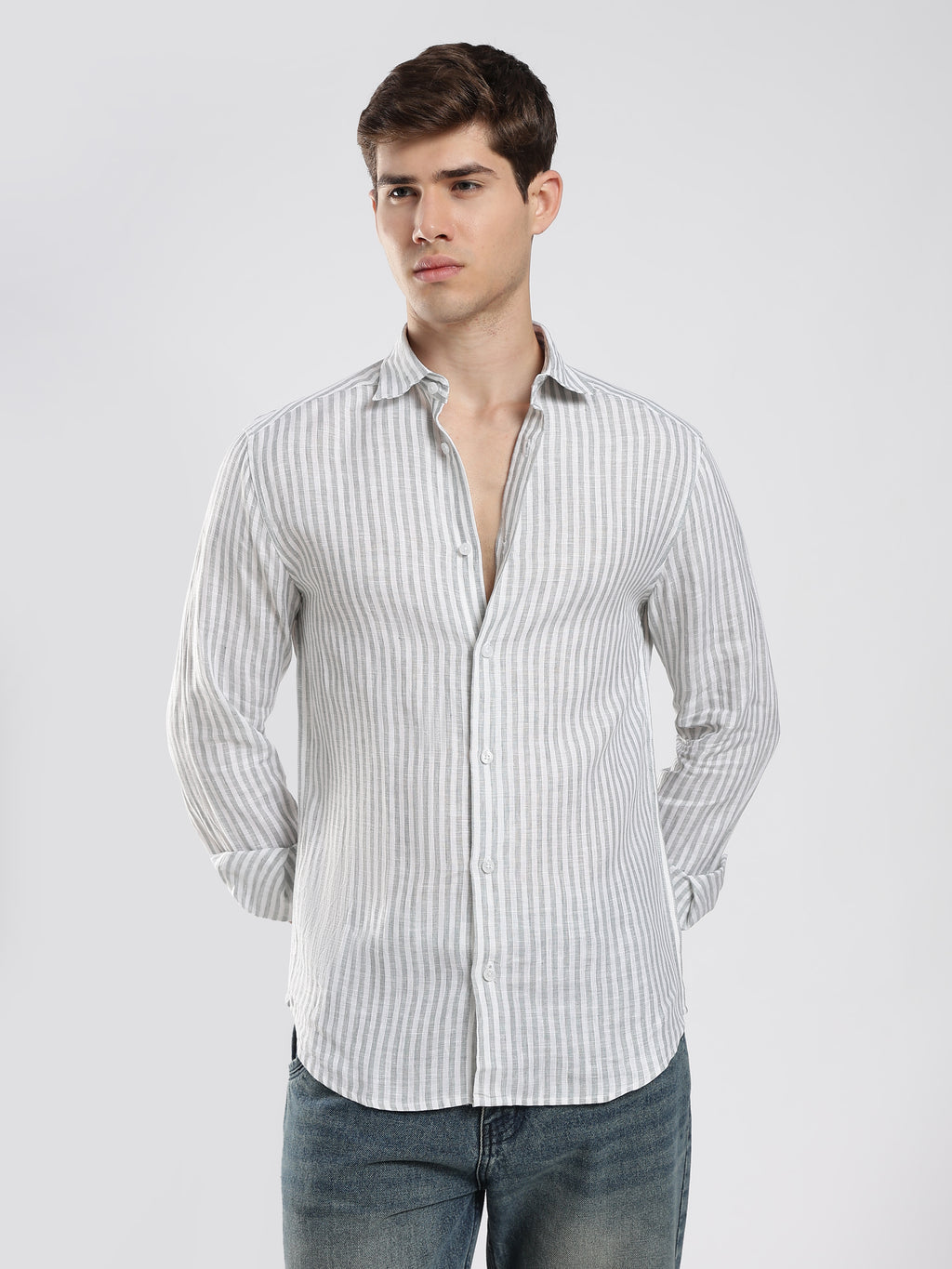 Mist Grey Striped Linen Shirt – Subtle Luxury