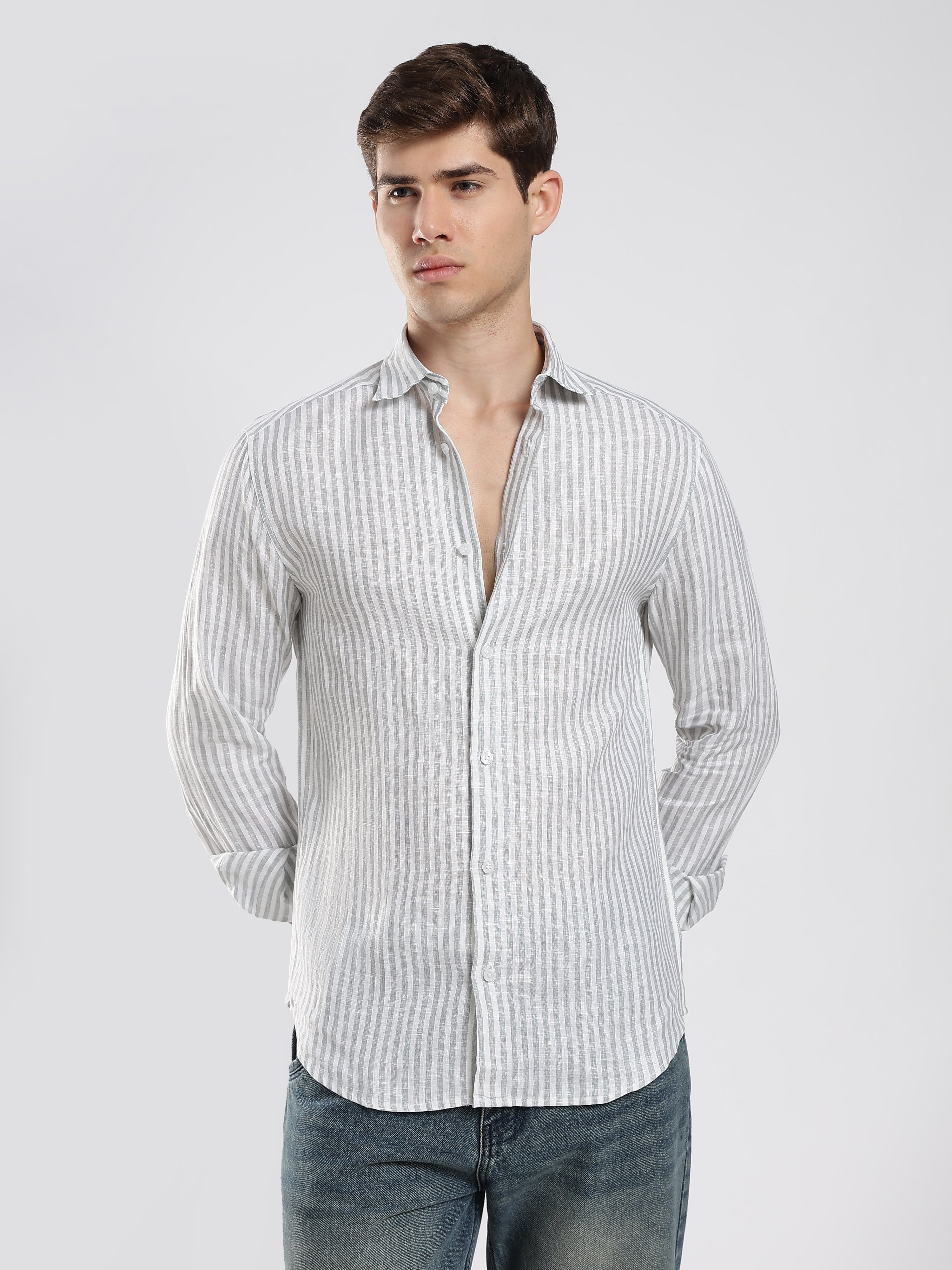 Mist Grey Striped Linen Shirt – Subtle Luxury