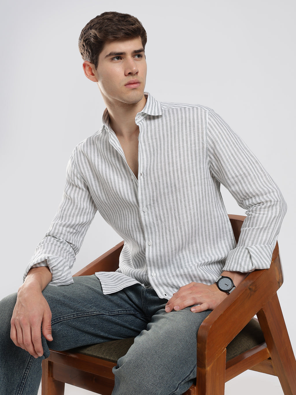 Mist Grey Striped Linen Shirt – Subtle Luxury